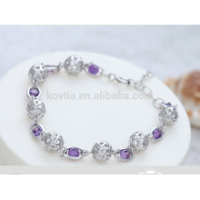 Branco e roxo bola de cristal 925 pulseira de prata esterlina